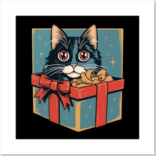 Vintage charm - adorable kitten peeking out of a holiday gift box, nostalgic design illustration for Christmas fun. Posters and Art